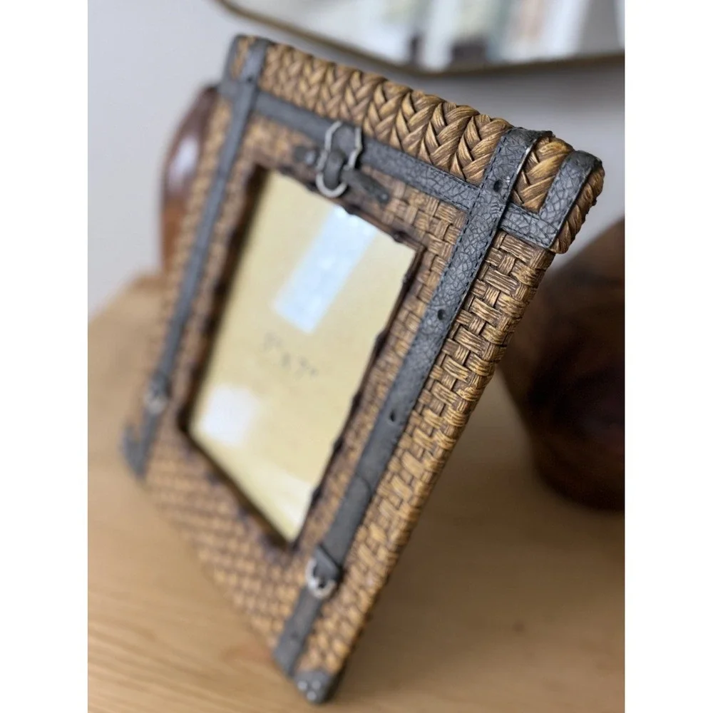 Vintage Faux Woven Wood‎ Basket w/ Buckle Picture Frame Grandpa Core Chic